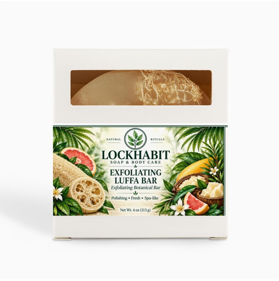 Real LOCKHABIT exfoliating luffa boxed front view